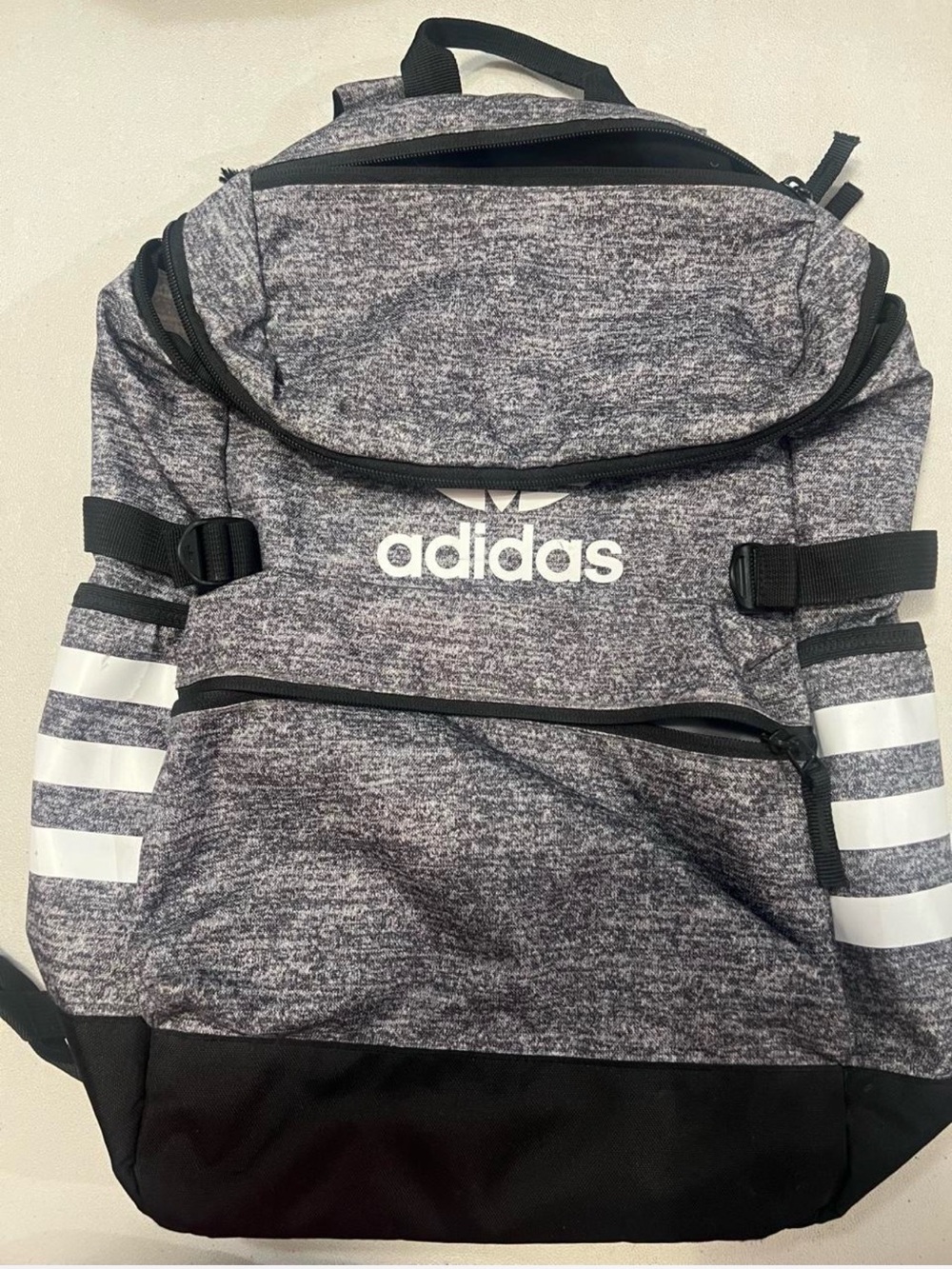 adidas Grey Heather and Black Men’s Backpack with White Stripes